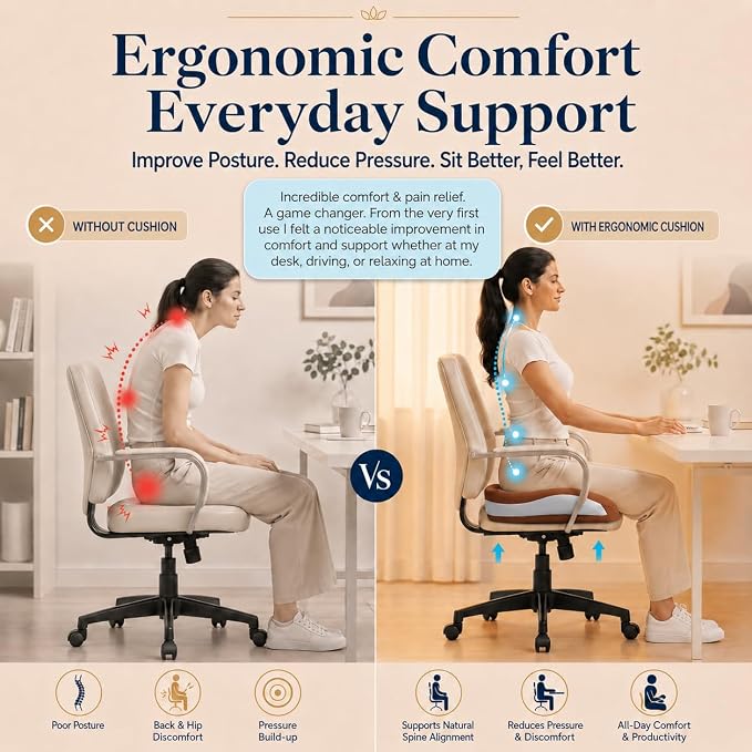 Memory Foam Ergonomic Seat Cushion for Office Chairs Pain Relief | Suitable for prolonged sitting, relieves tailbone pain, fits office chairs, wheelchairs, car seats and computer desk chairs