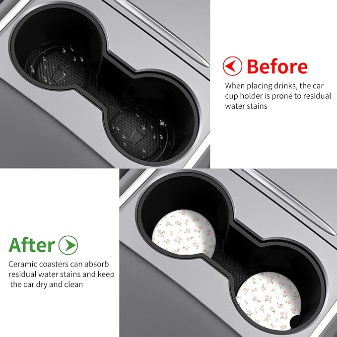 Vintage Flowers Car Coasters,Absorbent 2 Pack for Cup Holders with Finger Notch,2.56 inches Ceramics Heat Resistant Anti Slip Cork Base Car Drinks Coasters Auto Cup Holder