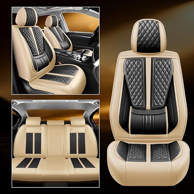 Fit Leaf Car Seat Covers Compatible with Nissan Leaf 2011-2025 2026.Full Coverage Waterproof Leather,Compatible with Airbag,All - Weather Seat Cushion Protector(Full Set,Beige)