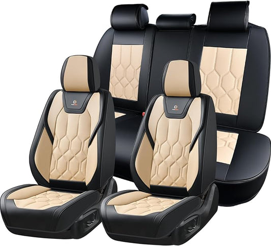 Huidasource Car Seat Covers, Universal Fit for Cars SUV Trucks, Black&Beige | Full Coverage Leather Seat Cover, Airbag, Cupholder Compatible, Seat Function Retain, Easy Install with Velcro