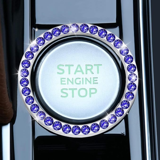 LivTee 2 PCS Crystal Rhinestone Car Engine Start Stop Decoration Ring, Bling Car Interior Accessories for Women, Push to Start Button Cover Sticker, Automotive Decals, Dark Blue