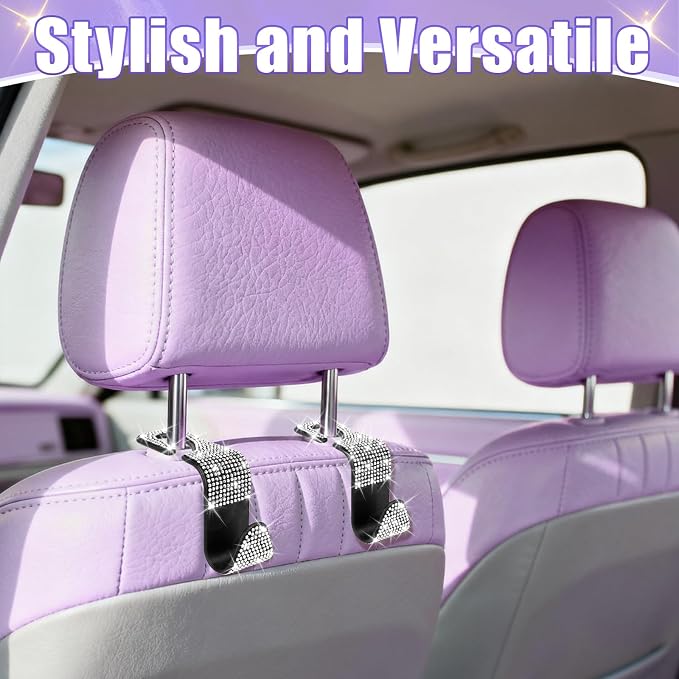 BFXM 6 Pack Bling Car Seat Headrest Hooks, Bling Car Accessories for Women, Rhinestone Purse Hook for Car, Universal Storage Organizer for Handbag Grocery Bags Coats (Bling White)