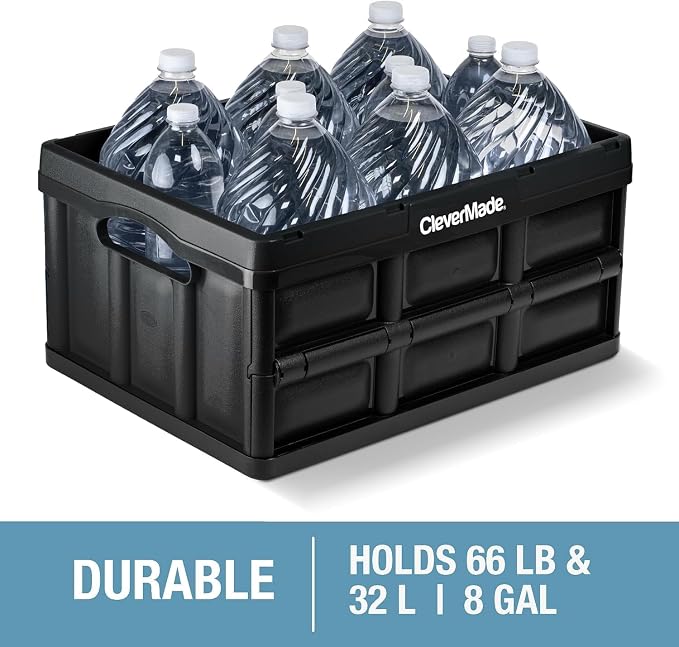 CleverMade Collapsible Storage Bins, 32L 3 Pack, Durable Plastic, Ocean | Built-in handles simplify garage, car and household organization, while the roomy open-top keeps bulky supplies accessible