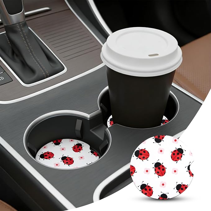 2 Pack Ladybug Car Coasters for Women Car Cup Holder Coasters, 2.63 Inch Anti Slip Ceramic Absorbent Coaster with Cork Base and Finger Notch, Funny Car Accessories Interior