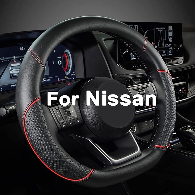 GIANT PANDA D Shape Steering Wheel Cover for Nissan Rogue Kicks - Auto Car Steering Wheel Cover Customized for Nissan Altima Sentra(Black+Red Line-D-Shaped)
