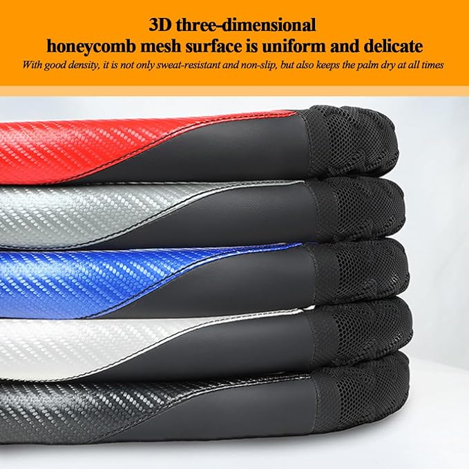 HZEL Car Steering Wheel Cover, Carbon Fiber Breathable Soft Grip Vehicle Steering Wheel Protector with Anti-Slip Lining, Automotive Interior Protective Decor Accessories, Universal Fit (Blue)