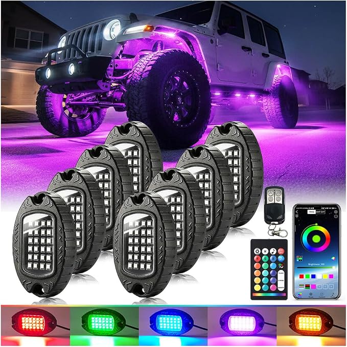 8Pods Aluminum RGB LED Rock Lights for Jeep Trucks UTV ATV RZR Golf Cart Offroad SXS SUV Side by Side with APP/RF Remote Control, Waterproof Multicolor Metal Alloy Case Segmented Underglow Light 12V
