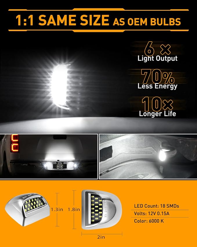 LESAUCE Full LED License Plate Light Silver Housing Tag Lamp Assembly Replacement for Chevy Silverado 1500 2500 3500 Suburban Tahoe GMC Sierra Yukon XL, 6000K White, Pack of 2