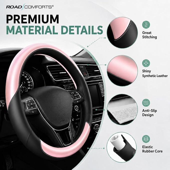 Road Comforts Steering Wheel Cover – Breathable Leather Steering Wheel Cover, Anti-Slip Grip, Universal Fit 14.5” to 15”, Heat & Cold Resistant for Cars, SUVs, and Trucks – Black & Shining Pink