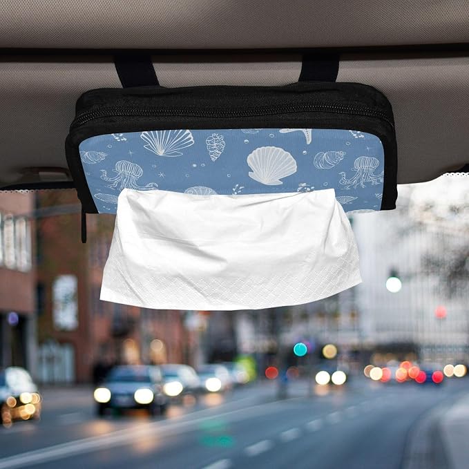 Car Tissue Holder Car Napkin Holder Car Tissue Box Dispenser Storage Case Sun Visor Mask Holder with Adjustable Straps Reusable Refillable Simple Seashells Starfish Blue