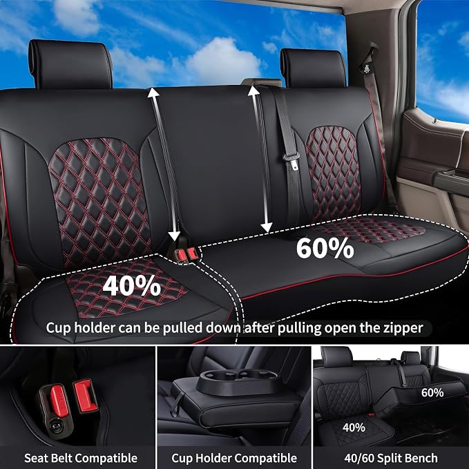 Huidasource Fit for GMC Sierra Seat Covers, Chevy Silverado Seat Covers for Truck 2014-2018 1500, 2015-2019 2500HD 3500HD Crew Double Extended Cab, Thickened Nappa Leather Seat Cover for Trucks, Red