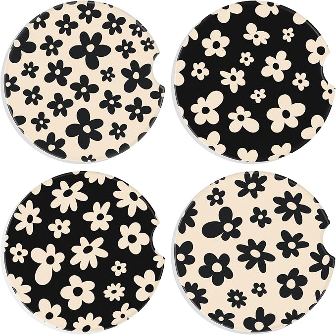 Boao 4 Pcs White Flower Car Cupholder Coasters for Valentine's Day, Ceramic Coasters 2.56'' Anti Slip Base with Finger Notch for Dry Clean, Car Interior Accessories, Birthday Gifts