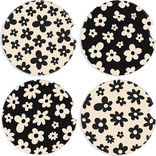 Boao 4 Pcs White Flower Car Cupholder Coasters for Valentine's Day, Ceramic Coasters 2.56'' Anti Slip Base with Finger Notch for Dry Clean, Car Interior Accessories, Birthday Gifts