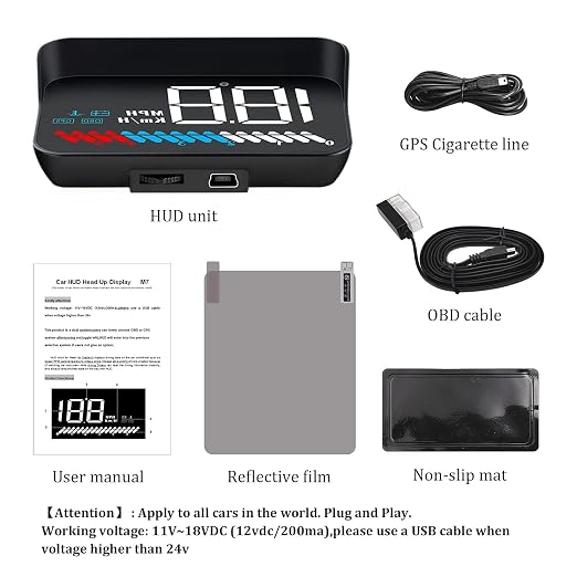 Heads up Display for Cars Car HUD M7, Digital Speedometer for Car OBD/GPS Smart Gauge, Driving Speed, Engine RPM, Voltage, Water Temperature, Etc.., Speedometer for Car Works Great for All Cars