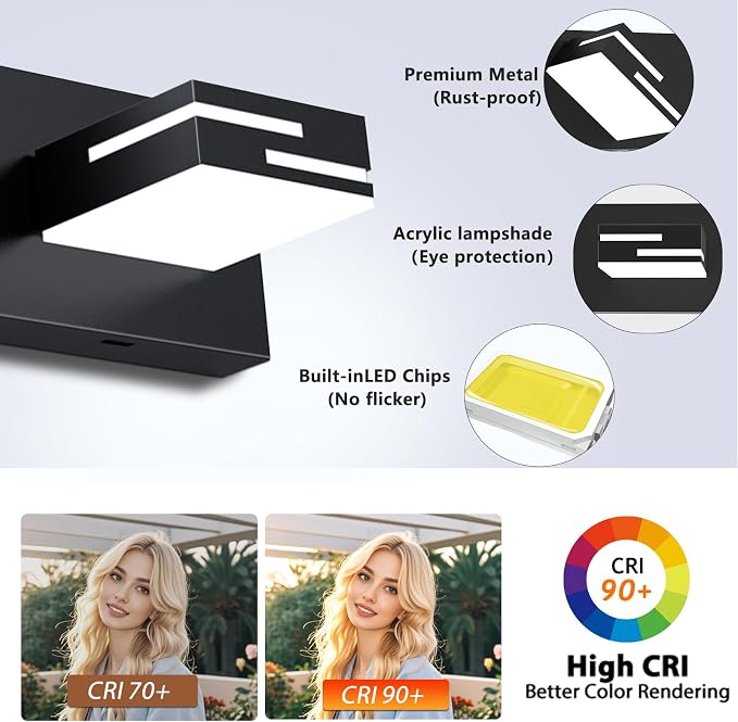 LED Modern Bathroom Vanity Light Fixtures, Dimmable Matte Black Vanity Lights for Bathroom Lighting Fixtures Over Mirror, with 360° Rotatable Acrylic Heads 2-Light 16-inch (Cool White 6000K)