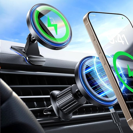 Magnetic Car Charger Mount 15W for iPhone 17-12 Pro Max | N52 Strong Magnets, 360° Rotation, Dashboard & Vent Mount, Compatible with Magnetic Cases, Gift for Men, Black