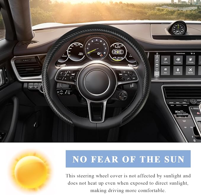 Steering Wheel Cover, 15 Inch Anti-Slip Breathable Steering Wheel Protector Auto Interior Decor, Heat-Resistant Comfort Grip Wheel Cover Universal for Most Cars Trucks SUVs (Carbon Fiber Black)