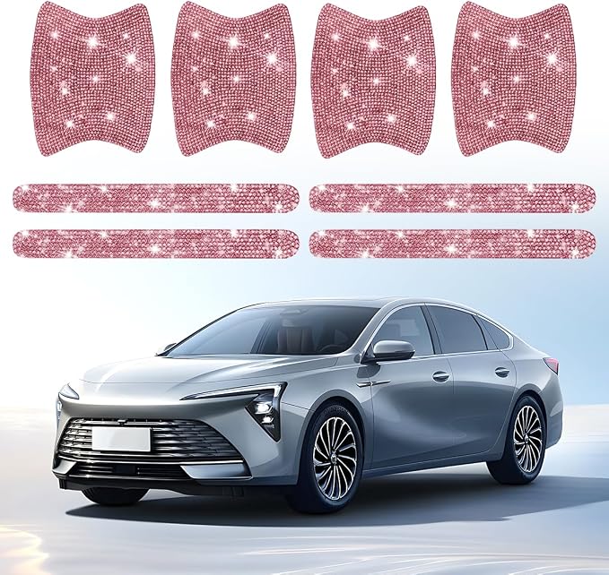 Mandark 8PCS Bling Car Door Handle Protector, Crystal Rhinestone Vehicle Door Bowl Protective Sticker, Glitter Anti-Scratch Auto Decor Decals Accessories, Universal for SUV, Sedan, Truck (Light Pink)