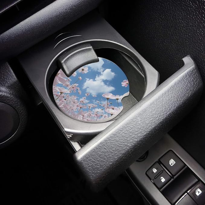 Small Coasters for Cup Holders 2.6" Dia Absorbent Set of 4 Car Interior Accessories for Women Men Ceramic Coaster for Drinks With Finger Grooves, Blue Sky Clouds Pink Flowers