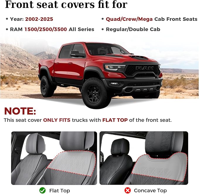 Truckiipa Dodge Ram 2 Front Leather Seat Covers Custom Fit for 2002-2026 1500 2500 3500 Pickup Crew Double Quad Cab Laramie Big Horn Full Coverage Waterproof Truck Seat Cover, Black