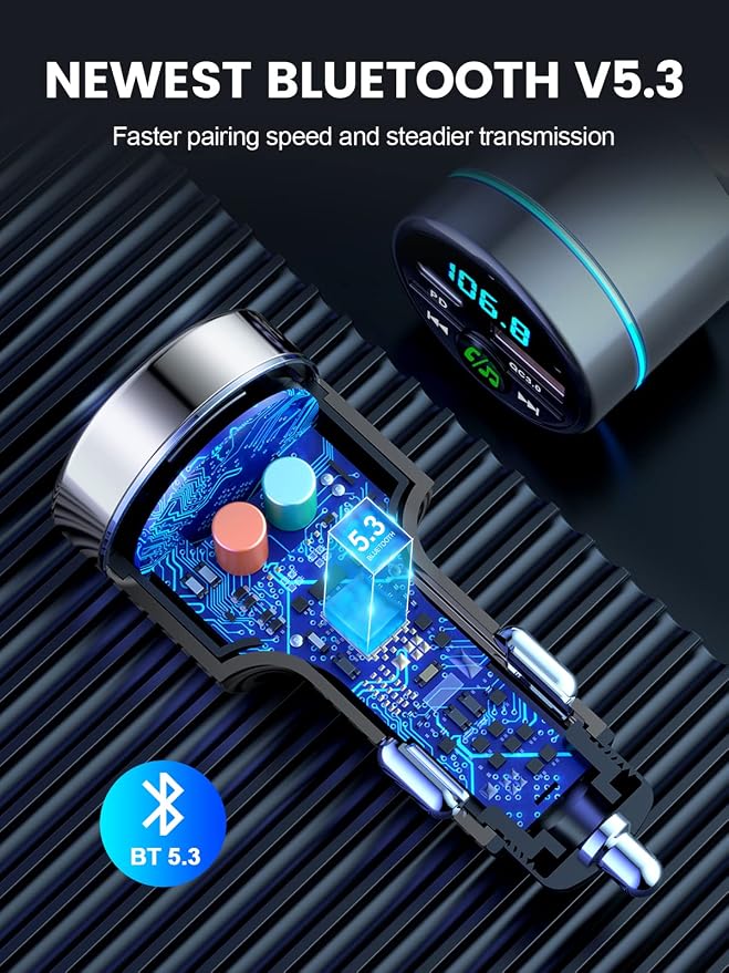 RIWUSI FM Transmitter for Car Bluetooth 5.3, [All-Metal] PD 30W & QC3.0 18W Fast Car Charger, Wireless FM Radio Kit Bluetooth Car Adapter, Noise Cancelling Hands-Free Call, Blue Light - Sliver