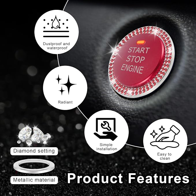 LivTee Car Engine Start Stop Decoration Ring, Crystal Double Rhinestone, Bling Car Interior Accessories for Women, Key Ignition & Knob Bling Ring, Push to Start Button Cover/Sticker, Red