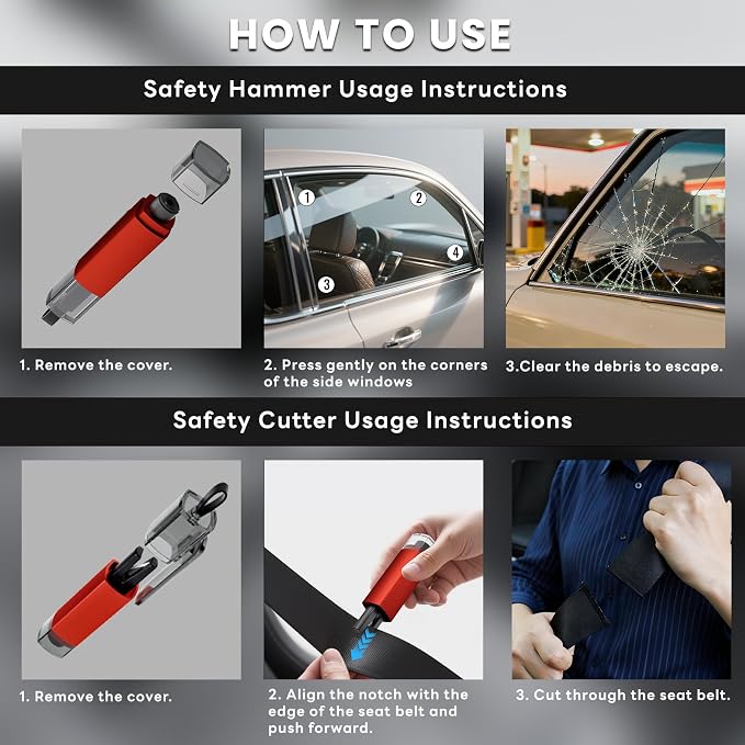 4PCS Window Breaker Seatbelt Cutter Car Safety Hammer, 2-in-1 Glass Breaker and Seat Belt Cutter with Test Glass, Underwater Emergency Escape Tool for All Vehicles (Red & Grey)