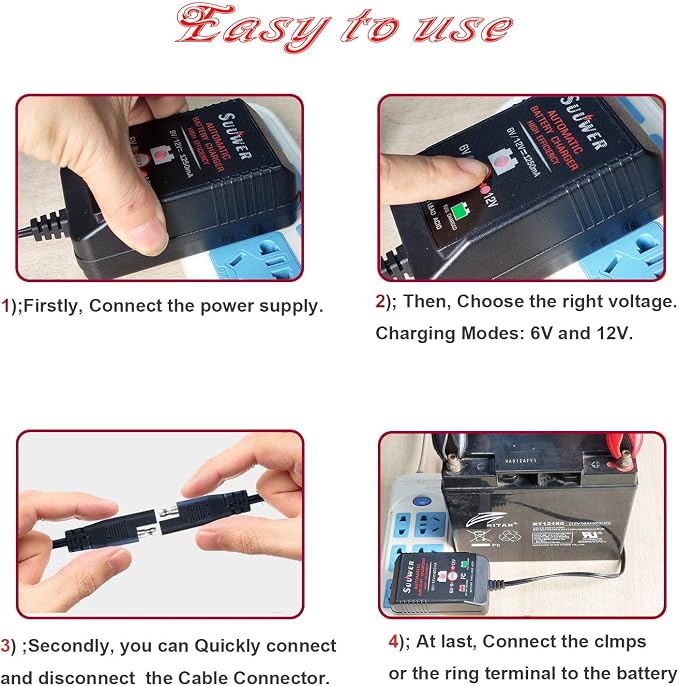 Suuwer Automatic Trickle Battery Charger, 6V&12V 1250mA Battery Maintainer. | for Car Motorcycle ATV Boat, With 12FT DC Cable