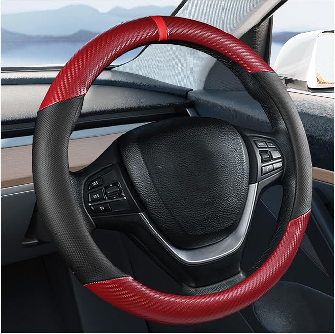 Carbon Fiber Car Steering Wheel Cover, Leather Breathable Automotive Wheel Protector, 15 Inch Anti-Slip Vehicle Interior Steering Accessories, Universal for SUV Truck Sedan (Red)