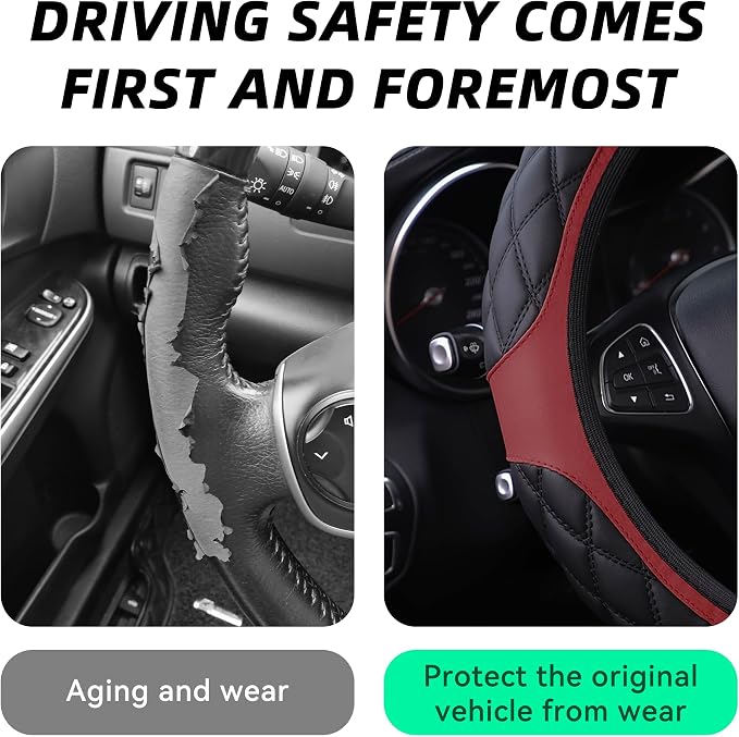 15 Inch Car Leather Steering Wheel Cover, Automotive Accessories Elastic Breathable Anti-Slip Soft Wheel Protector Fits Men and Women, Suitable for SUVs, Trucks, Vehicles and RVs (Wine red)