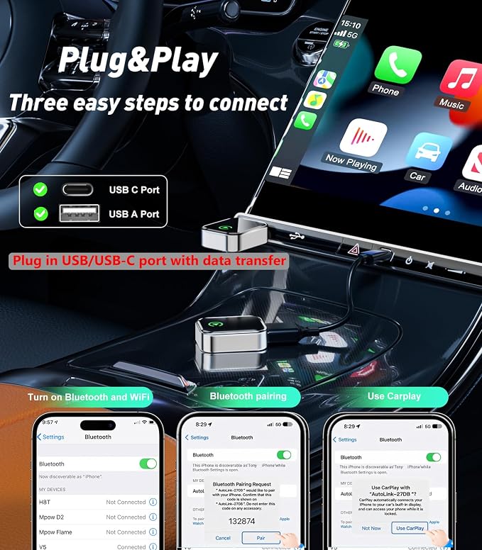 Wireless CarPlay Adapter for iPhone(2025 Upgraded),Mini Size & Plug - Play,Converts Wired to Wireless Apple CarPlay,No Delay Carplay Dongle for Apple iOS 10+/Android 11+ and Above