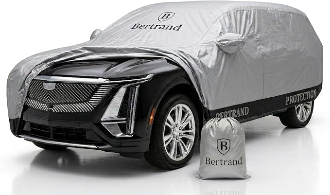 BERTRAND Heavy Duty SUV Car Cover Waterproof All Weather - Snow, Rain & UV Outdoor Protection | Cotton-Lined, Up to 10-Point Anchoring + Zipper Access | Extra Large SUVs, Silver-Black (207x77, S3)