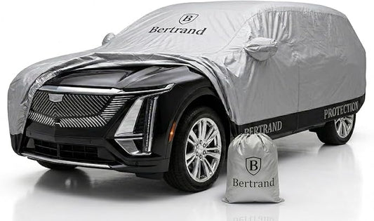 BERTRAND Heavy Duty SUV Car Cover Waterproof All Weather - Snow, Rain & UV Outdoor Protection | Cotton-Lined, Up to 10-Point Anchoring + Zipper Access | Extra Large SUVs, Silver-Black (207x77, S3)