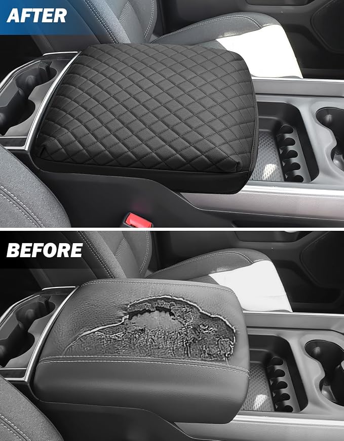 JOYTUTUS Center Console Cover Compatible with 2019-2025 2026 Ram 1500 2500 3500, Leather Arm Rest Armrest Cover for Car, Durable Middle Console Cover Lid, Car Arm Rest Cover Pad Cushion Replacement