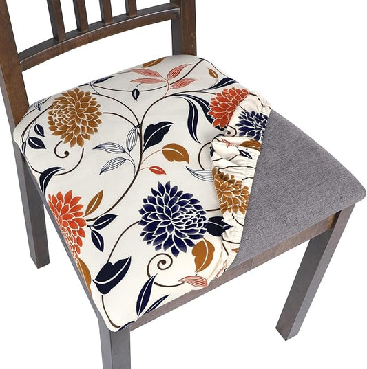 SearchI Seat Covers for Dining Room Chairs Stretch Printed Chair Seat Covers Set of 4, Removable Washable Upholstered Chair Seat Protector Cushion Slipcovers for Kitchen, Office(Flowers Pattern)