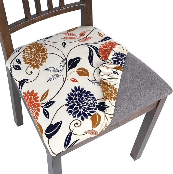 SearchI Seat Covers for Dining Room Chairs Stretch Printed Chair Seat Covers Set of 8, Removable Washable Upholstered Chair Seat Protector Cushion Slipcovers for Kitchen, Office(Flowers Pattern)