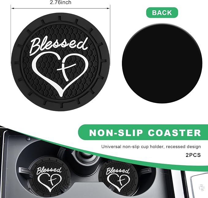 2 PCS Car Cup Holder Coaster, 2.76 Inch Non-Slip Auto Drink Mats with Blessed Cross and Heart, Shockproof Christian Cup Insert Coaster for Most Vehicles, Car Accessories (Black)
