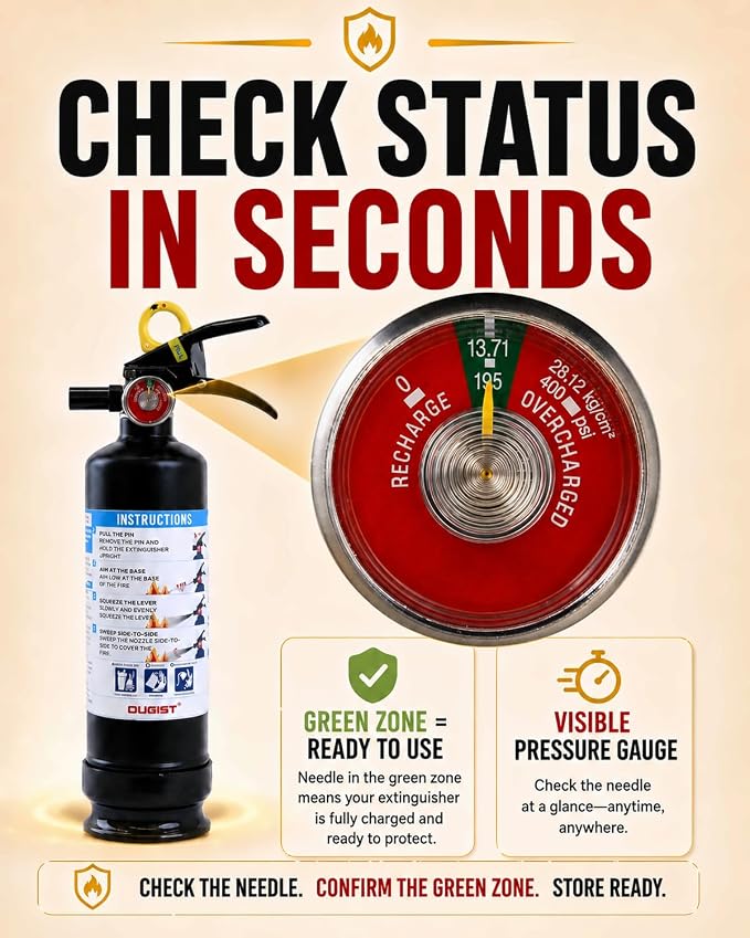 Ougist Car Fire Extinguisher, 1-A:10-B:C, FF1KG, 2.5lb Dry Chemical, 1 Pack | Automotive Multi-Purpose Extinguisher for Small Vehicle Fires In Cars, Trucks and Rvs; Compact Body with Quick-Release Handle