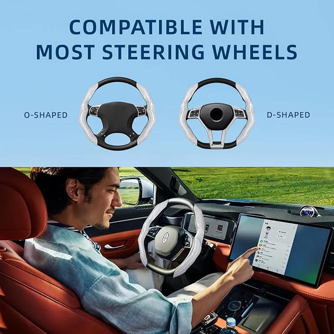 Carbon Fiber Steering Wheel Cover 2PCS Segmented Clip-on Protector (White) | Universal Fit, Anti-Slip Lining, Sporty Style, Car Interior Accessory for Men and Women