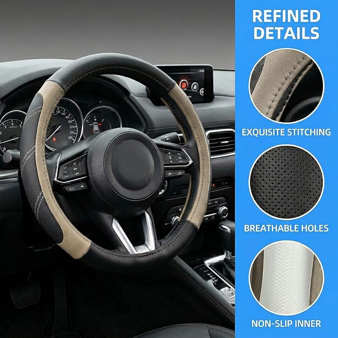 Osilly Car Steering Wheel Cover, 14.5-15" Leather Breathable Anti-Slip Stylish Steering Wheel Protector, Comfortable Auto Interior Decoration Accessories, Universal for SUV Van Truck (Black Beige)