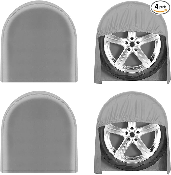 OutdoorLines Waterproof Tire Covers Set of 4 | UV Proof Trailer Wheel Cover for RV Jeep Trailer Camper Van Truck, Universal Tire Covering Fits Diameters 33"-35", Gray