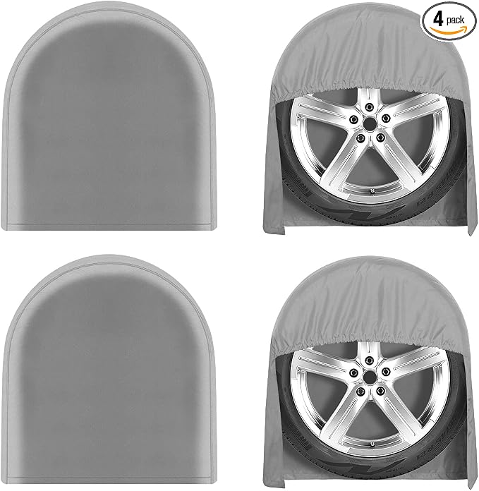 OutdoorLines Waterproof Tire Covers Set of 4 | UV Proof Trailer Wheel Cover for RV Jeep Trailer Camper Van Truck, Universal Tire Covering Fits Diameters 27"-29", Gray