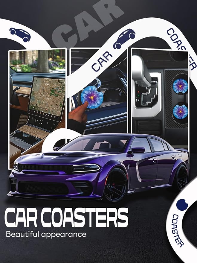 WOCOCN Car Coasters,Cup Holder Coasters for Car,2.75inch Anti Slip and Absorbent,Cute Automotive Interior Accessories for Cup Holder,Pack of 2 (Large Flowers)