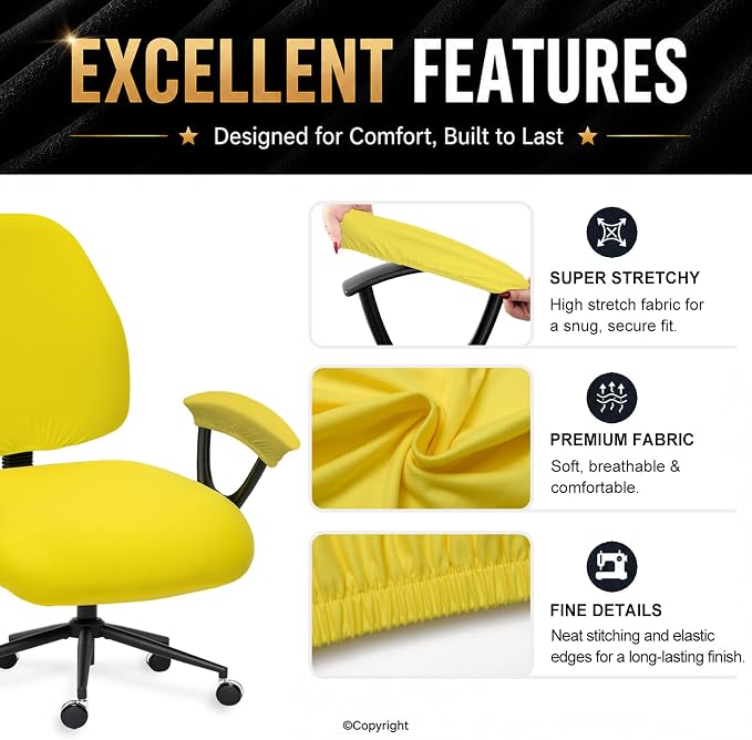 Stretchable Split Office Chair Seat Covers - Universal Stretch Computer Chair Slipcover - Washable Rotating Backrest Coverings & Cushion Protectors & Armrest Covers for Dogs, Cats, Pets, Yellow