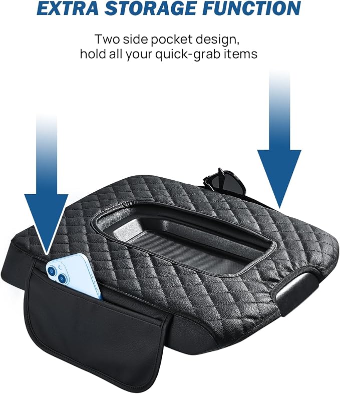JOYTUTUS Center Console Cover Compatible with 2019-2025 2026 Silverado Sierra Jump Seat, Leather Arm Rest Armrest Cover for Car, Durable Middle Console Cover Replacement for Trucks, with 2 Pockets