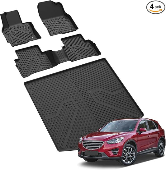 LASFIT Floor Mats & Cargo Trunk Mat for Mazda CX5 2013-2016 (Not fit Models Produced After 2016.5) Custom Fit TPE All Weather Full Set Automotive Car Liners Accessories, Black