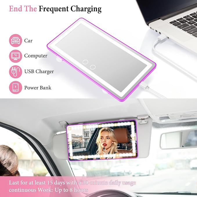 SINGARO 2PCS Car Sun Visor Vanity Mirror - Rechargeable Makeup Mirror with 60 LEDs, 3 Light Modes & Dimmable Touch Control for Cars, Trucks, SUVs, Car Interior Accessories for Women (Purple)