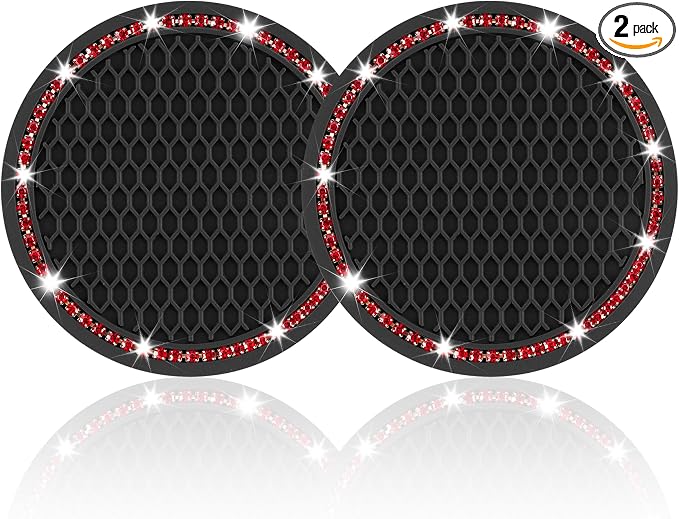 JUSTTOP 2 Pack Universal Auto Anti Slip Cup Holder Insert Coaster, Car Cup Holder Coaster, Bling Crystal Rhinestone Car Interior Accessories, Black - Red