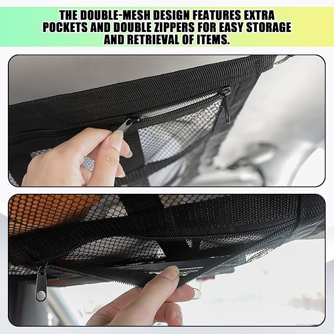 Car Ceiling Cargo Net for Pickup Truck Bed 31.5"x21.6" Double-Layer Mesh Roof Storage Organizer with Adjustable D-Buckle, Universal Overhead Net for SUV Van Camping Travel Road Trip Essentials