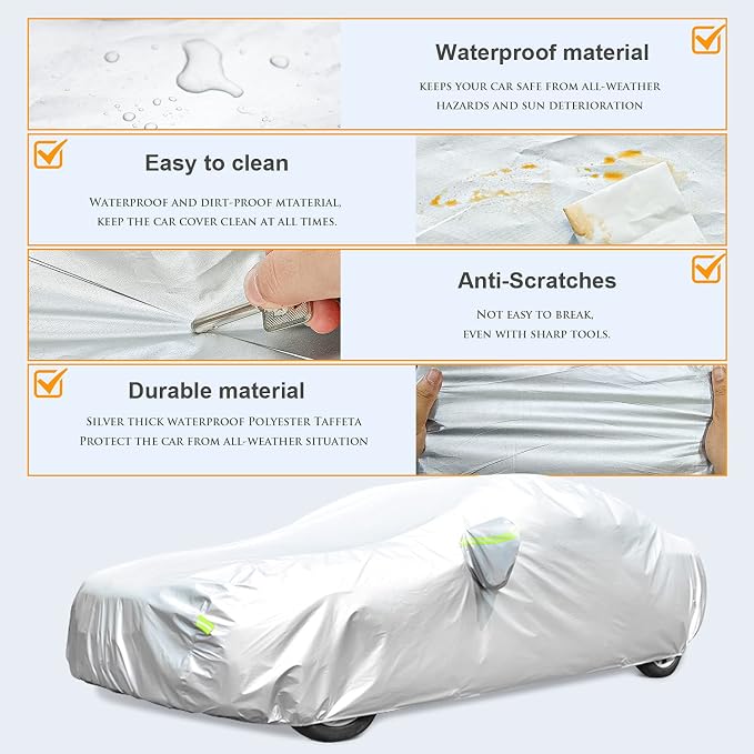 Waterproof Car Cover All Weather Snowproof UV Protection Windproof Outdoor Full car Cover, Universal Fit for Sedan (Fit Sedan Length Length 192"-208", Silver)